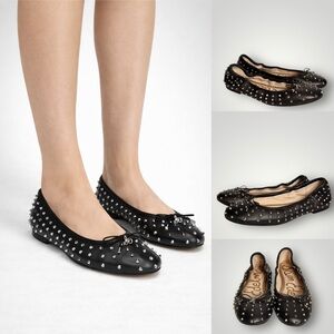 Sam Edelman Fanley Studded Leather Ballet Flats Women Size 8 Bow Charm Black EUC